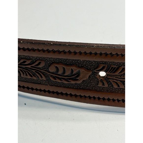 Vintage Brown Floral Embossed Leather Belt w Phoenix Bird Belt Buckle Marked 38 - Picture 2 of 14